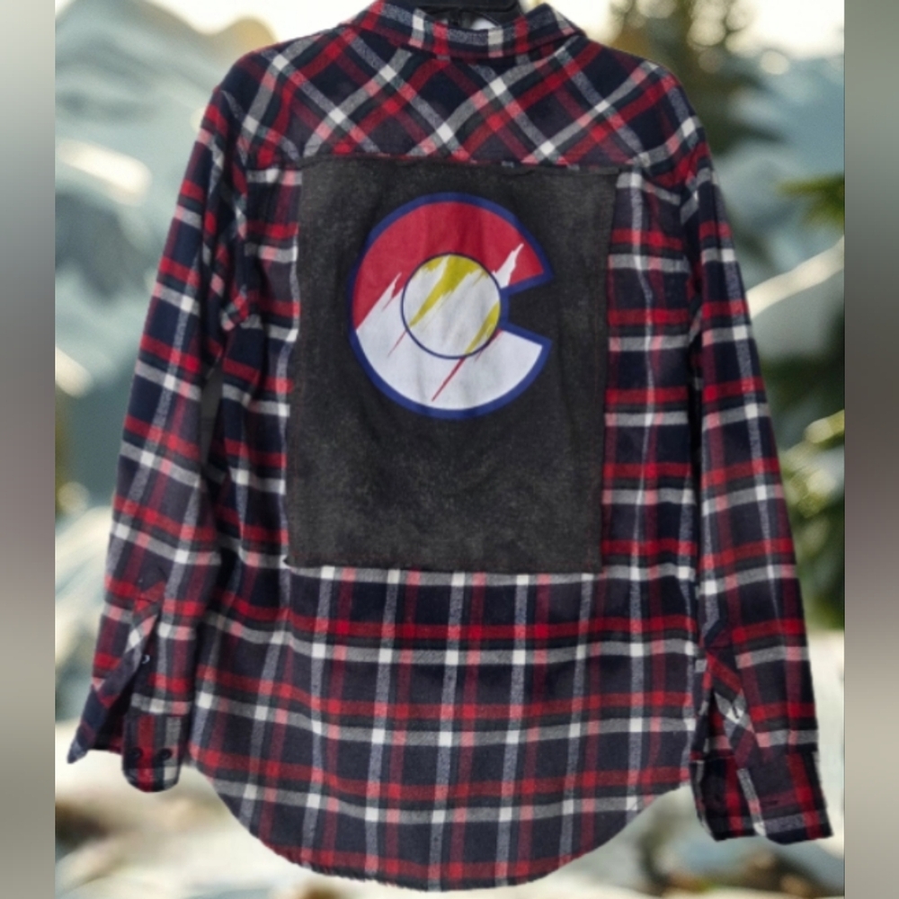 Upcycled COLORADO mountains C distressed Plaid Flannel